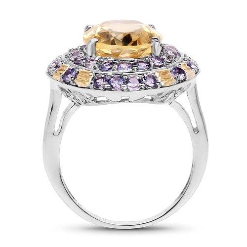 Two Tone Plated 6.33 Carat Genuine Citrine & Tanzanite .925 Sterling Silver Ring