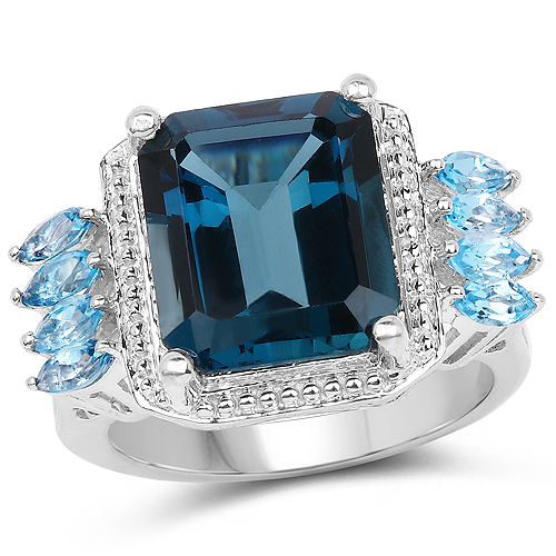 Rings-8.17 Carat Genuine London Blue Topaz and Swiss Blue Topaz .925 Sterling Silver Ring