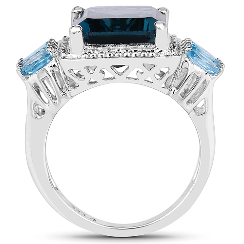 8.17 Carat Genuine London Blue Topaz and Swiss Blue Topaz .925 Sterling Silver Ring