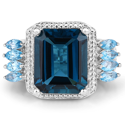 8.17 Carat Genuine London Blue Topaz and Swiss Blue Topaz .925 Sterling Silver Ring