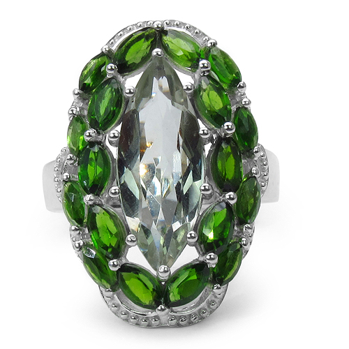 6.14 Carat Genuine Green Amethyst & Chrome Diopside .925 Sterling Silver Ring
