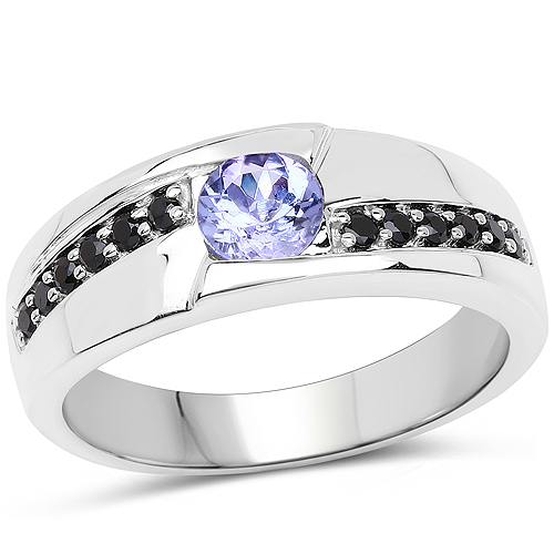 0.71 Carat Genuine Tanzanite and Black Spinel .925 Sterling Silver Ring
