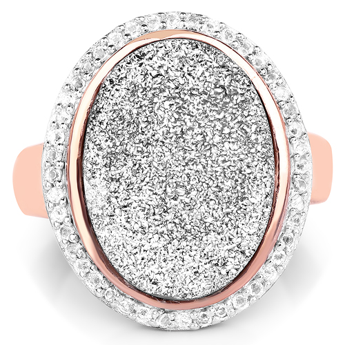 14K Rose Gold Plated 9.09 Carat Genuine Drusy & White Topaz .925 Sterling Silver Ring