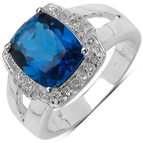 Rings-3.64 Carat Genuine London Blue Topaz and White Topaz .925 Sterling Silver Ring