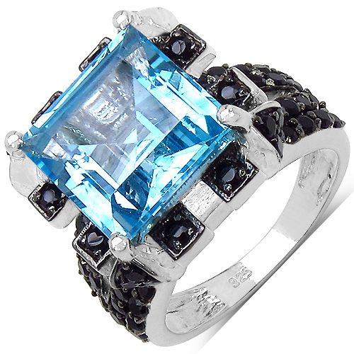 Rings-12.01 Carat Genuine Blue Topaz and Black Spinel .925 Sterling Silver Ring