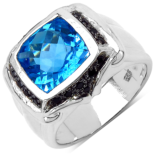 Rings-5.08 Carat Genuine Swiss Blue Topaz and Black Spinel .925 Sterling Silver Ring