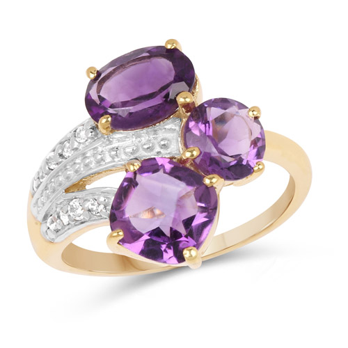Amethyst-14K Yellow Gold Plated 3.15 Carat Genuine Amethyst and White Topaz .925 Sterling Silver Ring
