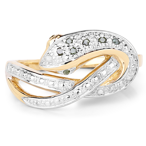 14K Yellow Gold Plated 0.06 Carat Genuine Green Diamond and White Diamond .925 Sterling Silver Ring