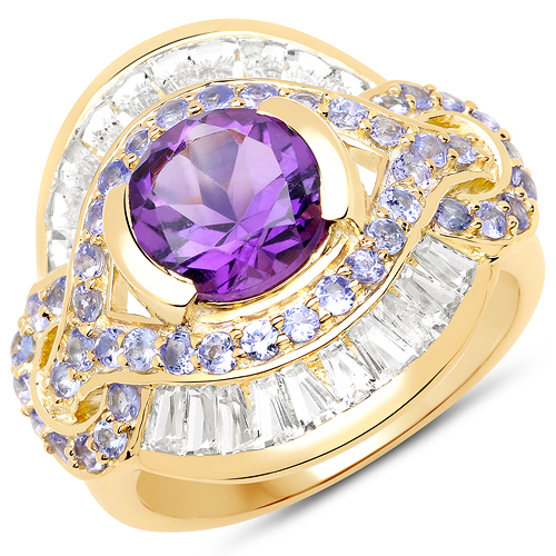 Amethyst-14K Yellow Gold Plated 3.93 Carat Genuine Amethyst, Tanzanite and White Topaz .925 Sterling Silver Ring