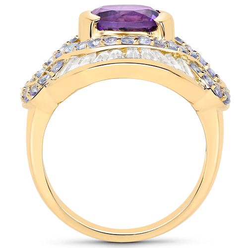 14K Yellow Gold Plated 3.93 Carat Genuine Amethyst, Tanzanite and White Topaz .925 Sterling Silver Ring