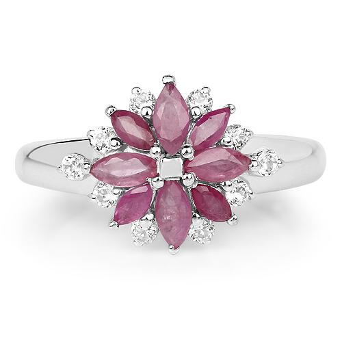1.24 Carat Genuine Ruby and White Topaz .925 Sterling Silver Ring