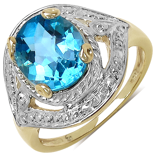 Rings-14K Yellow Gold Plated 3.25 Carat Genuine Swiss Blue Topaz .925 Sterling Silver Ring