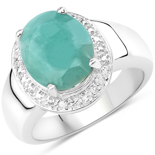 Emerald-4.72 Carat Genuine Emerald and White Diamond .925 Sterling Silver Ring