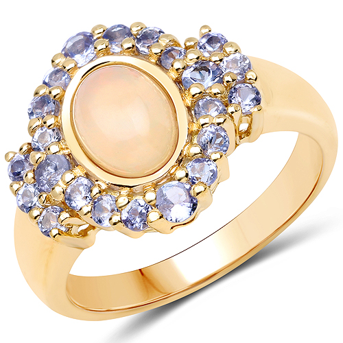Opal-14K Yellow Gold Plated 1.74 Carat Genuine Ethiopian Opal and Tanzanite .925 Sterling Silver Ring