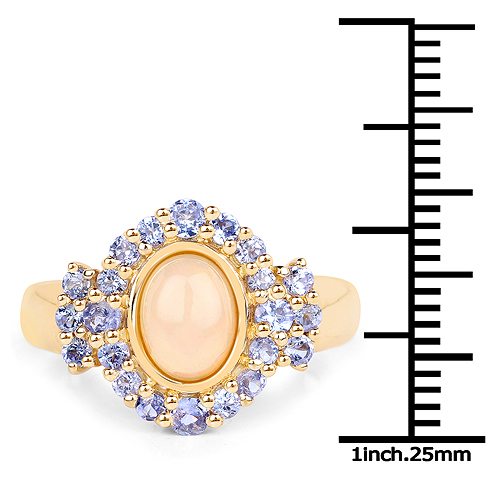 14K Yellow Gold Plated 1.74 Carat Genuine Ethiopian Opal and Tanzanite .925 Sterling Silver Ring