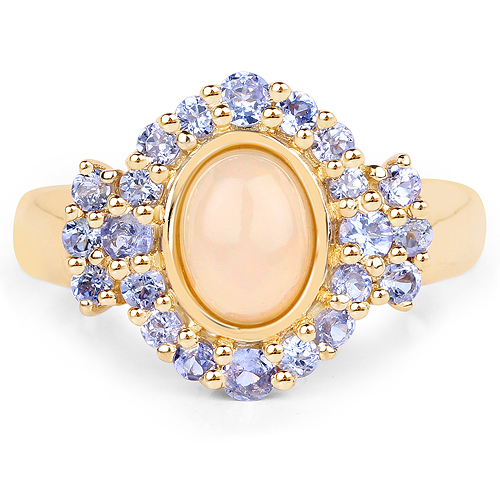 14K Yellow Gold Plated 1.74 Carat Genuine Ethiopian Opal and Tanzanite .925 Sterling Silver Ring