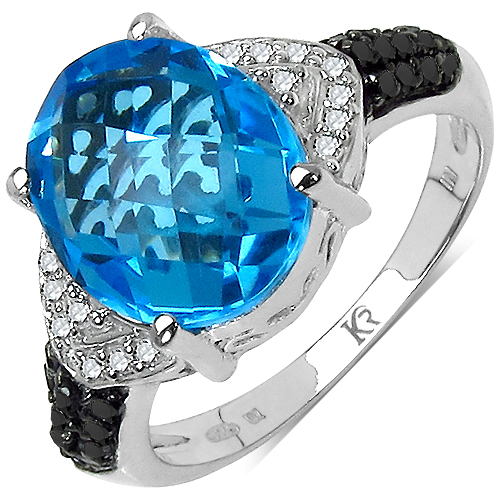 Rings-5.50 Carat Genuine Swiss Blue Topaz, Black Diamond and White Diamond .925 Sterling Silver Ring