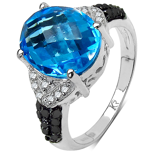5.50 Carat Genuine Swiss Blue Topaz, Black Diamond and White Diamond .925 Sterling Silver Ring