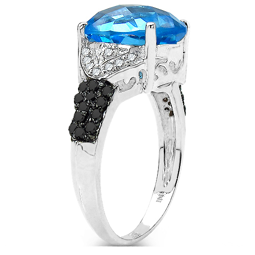 5.50 Carat Genuine Swiss Blue Topaz, Black Diamond and White Diamond .925 Sterling Silver Ring