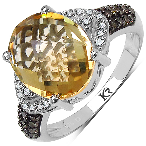 Citrine-4.69 Carat Genuine Citrine, Champagne Diamond & White Diamond .925 Sterling Silver Ring