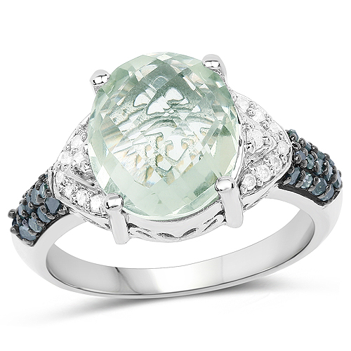 Amethyst-4.24 Carat Genuine Green Amethyst, Green Diamond & White Diamond .925 Sterling Silver Ring