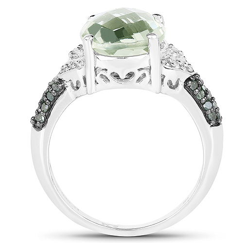 4.24 Carat Genuine Green Amethyst, Green Diamond & White Diamond .925 Sterling Silver Ring