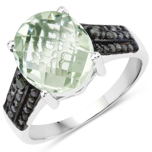 Amethyst-4.26 Carat Genuine Green Amethyst and Green Diamond .925 Sterling Silver Ring