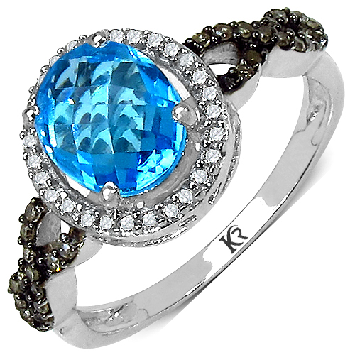 Rings-2.91 Carat Genuine Swiss Blue Topaz, Champagne Diamond and White Diamond .925 Sterling Silver Ring