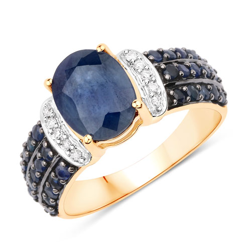 Sapphire-2.91 Carat Genuine Blue Sapphire  and White Diamond 14K Yellow Gold Ring