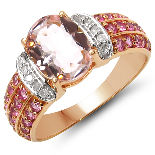 Rings-2.76 Carat Genuine Morganite, Pink Sapphire & White Diamond 10K Rose Gold Ring