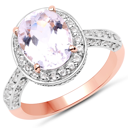 Rings-14K Rose Gold Plated 3.86 Carat Genuine Kunzite and White Zircon .925 Sterling Silver Ring