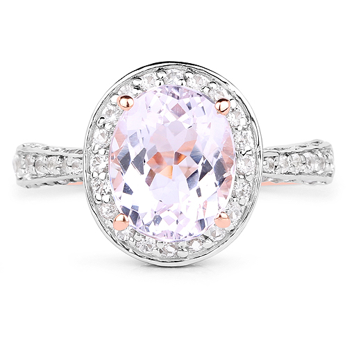 14K Rose Gold Plated 3.86 Carat Genuine Kunzite and White Zircon .925 Sterling Silver Ring