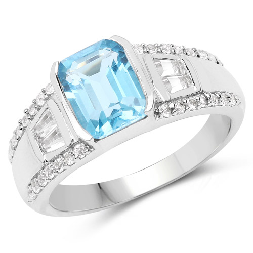 Rings-2.44 Carat Genuine Swiss Blue Topaz and White Topaz .925 Sterling Silver Ring