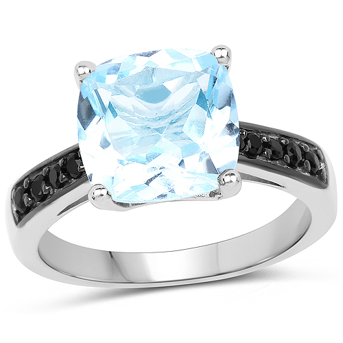 Rings-4.69 Carat Genuine Blue Topaz and Black Spinel .925 Sterling Silver Ring