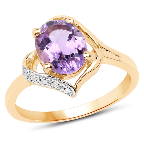 Amethyst-14K Yellow Gold Plated 1.61 Carat Genuine Amethyst and White Diamond .925 Sterling Silver Ring