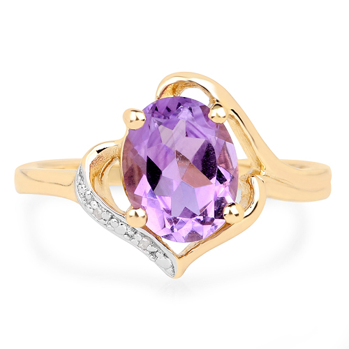 14K Yellow Gold Plated 1.61 Carat Genuine Amethyst and White Diamond .925 Sterling Silver Ring
