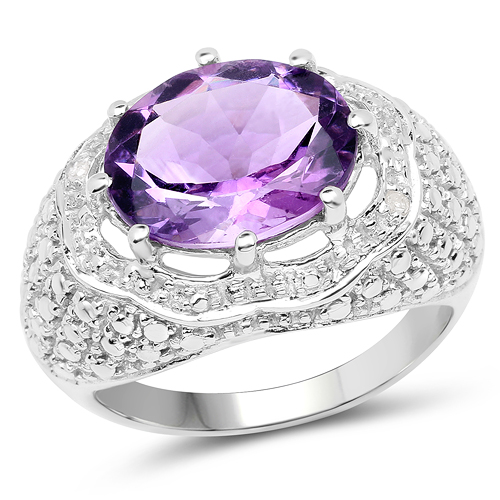Amethyst-14K White Gold Plated 3.82 Carat Genuine Amethyst and White Diamond .925 Sterling Silver Ring