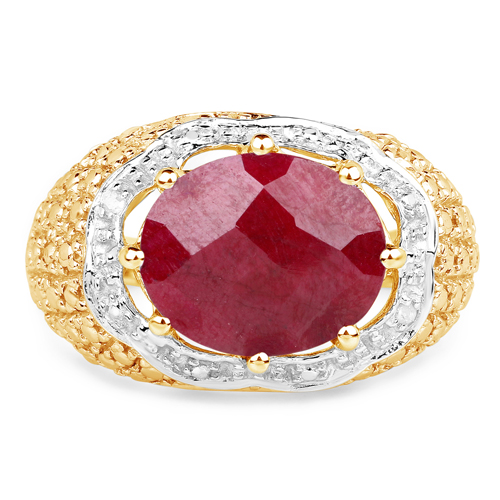 14K Yellow Gold Plated 5.27 Carat Dyed Ruby and White Diamond .925 Sterling Silver Ring
