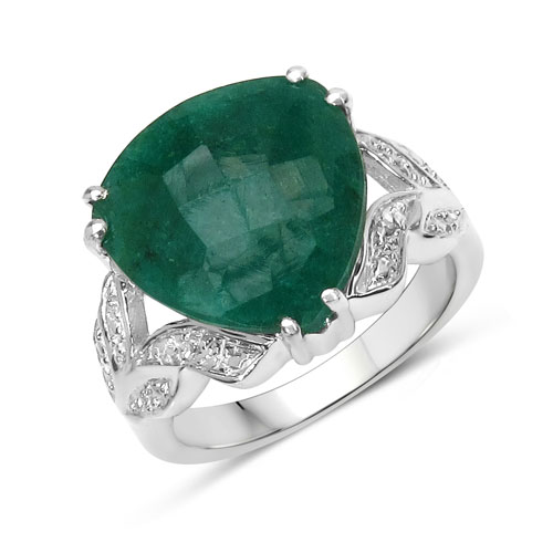 Emerald-11.11 Carat Dyed Emerald and White Diamond .925 Sterling Silver Ring