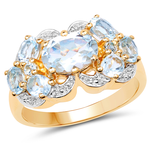 Rings-14K Yellow Gold Plated 2.83 Carat Genuine Blue Topaz and White Diamond .925 Sterling Silver Ring