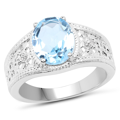 Rings-14K White Gold Plated 2.56 Carat Genuine Blue Topaz and White Topaz .925 Sterling Silver Ring