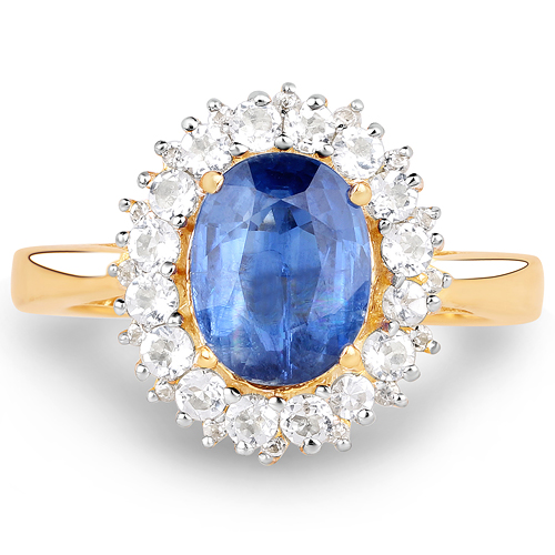 14K Yellow Gold Plated 2.94 Carat Genuine Kyanite and White Topaz .925 Sterling Silver Ring