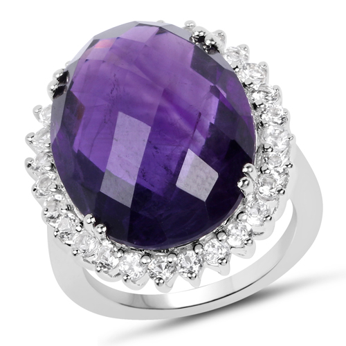 Amethyst-15.52 Carat Genuine Amethyst and White Topaz .925 Sterling Silver Ring