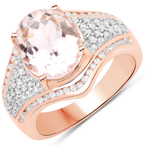 Rings-3.55 Carat Genuine Morganite and White Zircon .925 Sterling Silver Ring