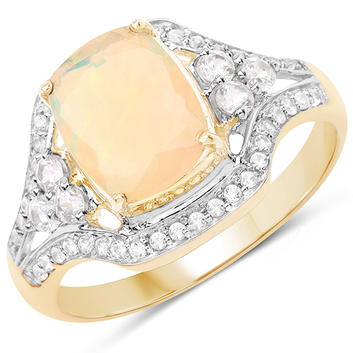 Opal-1.55 Carat Genuine Ethiopian Opal and White Zircon 10K Yellow Gold Ring