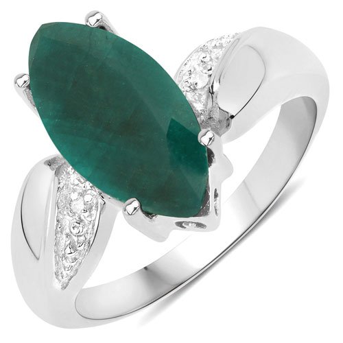 Emerald-3.56 Carat Dyed Emerald and White Diamond .925 Sterling Silver Ring