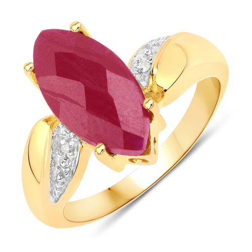 Ruby-14K Yellow Gold Plated 3.56 Carat Dyed Ruby and White Diamond .925 Sterling Silver Ring