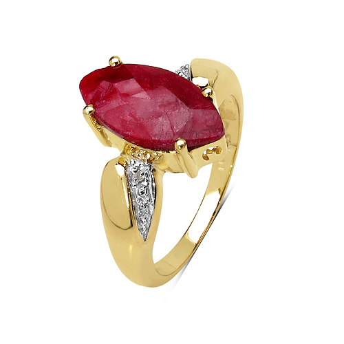 14K Yellow Gold Plated 3.56 Carat Dyed Ruby and White Diamond .925 Sterling Silver Ring