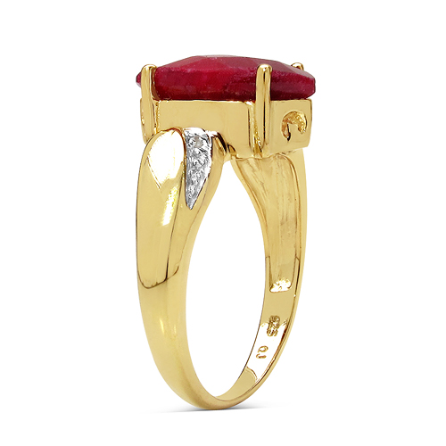 14K Yellow Gold Plated 3.56 Carat Dyed Ruby and White Diamond .925 Sterling Silver Ring