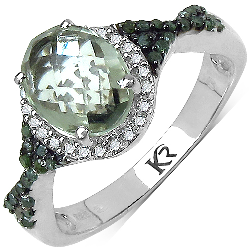 Amethyst-2.09 Carat Genuine Green Amethyst, Green Diamond & White Diamond .925 Sterling Silver Ring